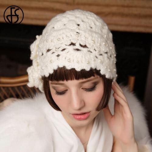 FS Purple White Beanies For Women Winter Knitted Hat With Pearls Solid Casual Warm Lady Fashion Skullies Female Gorras Mujer Cap