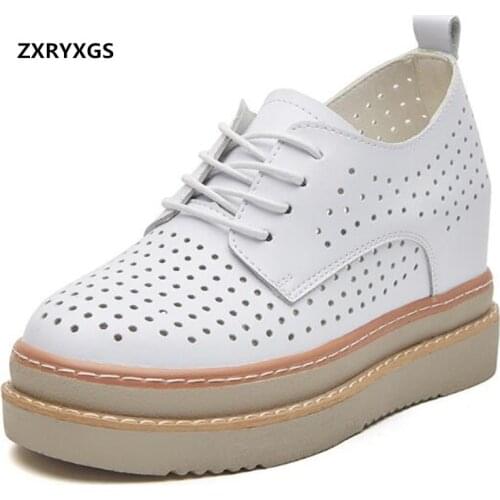 2020 Autumn Summer Hollow Hole Shoes Genuine Leather Inner Increase High Heels Lace-up Womens Platform Sneakers Leisure Shoes