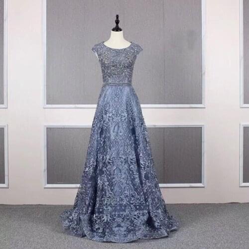 2019 New Collection Navy Evening Dress Lace Luxurious Beading Cap Sleeve A Line Women Long Prom Dress Formal Occasion Gowns