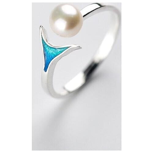 Mermaid Style Ocean Blue Fishtail Ring Fashion National Style Pearl Opening Ring Elegant Womens Birthday Party Jewelry Gift
