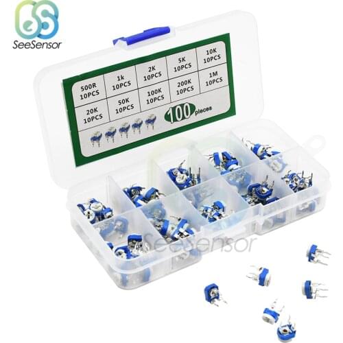100Pcs/Box RM065 RM-065 Carbon Film Horizontal Trimpot Potentiometer Assortment Kit 10 Values Variable Resistor 500R-1M ohm