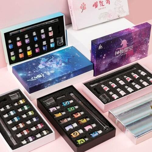 15 Pcs/Box Rainbow Glass Pen with ink Set Glitter Crystal Dip Pen 7ml Colors Ink Gift Stationery School Drawing Writing Supply