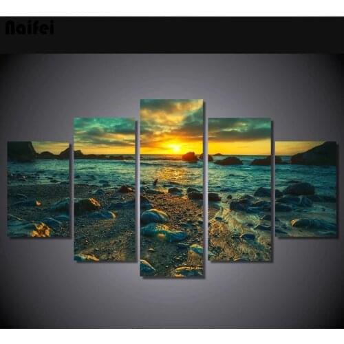 5D DIY Diamond Embroidery 5 Panels Sunset Sea Beach Shell Starfish Landscape Diamond Painting Mosaic Cross Stitch Full Drill