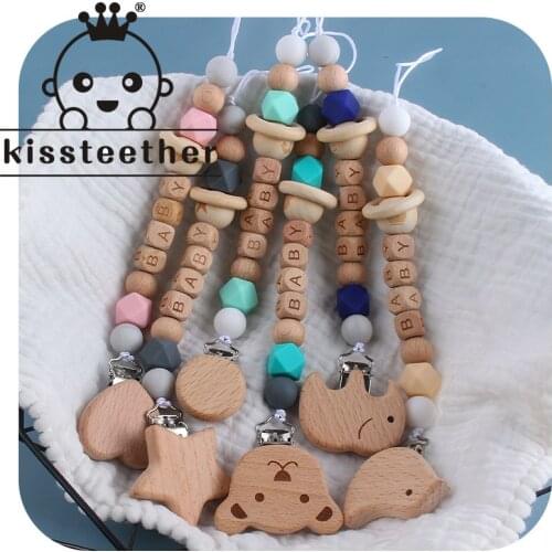 Kissteether Beech Wooden Baby Pacifier Custom Personalised Name Beech Wooden Pacifier Animal Clip Silicone Bead Pacifier Chain