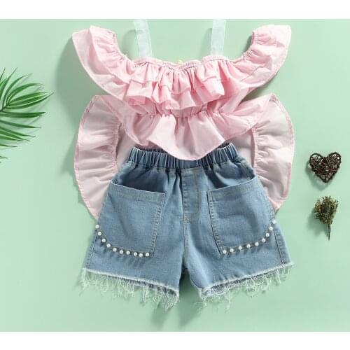 Solid Color Ruffle Swallowtail Tops Denim Blue Shorts 2pcs 2-7Y Summer Fashion Toddler Kid Baby Girls Clothes Sets