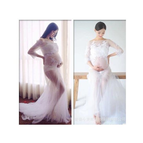 Maternity Pregnancy Elegant Fancy Gown White Lace Photography Props Royal Style Long Dress Pregnant Women Photo Shoot Gown Dress