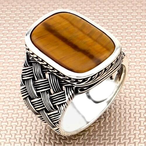 Sterling Silver Ring 925 With Stone For Men Real Pure, Tiger Eyes Gemstone Gift For Him Mens Rings Handmade - Turkish Jewelry