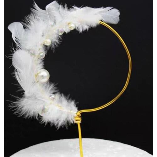 Feather Fake Pearl Ring Cake Topper Romantic Wedding Birthday Party Decoration