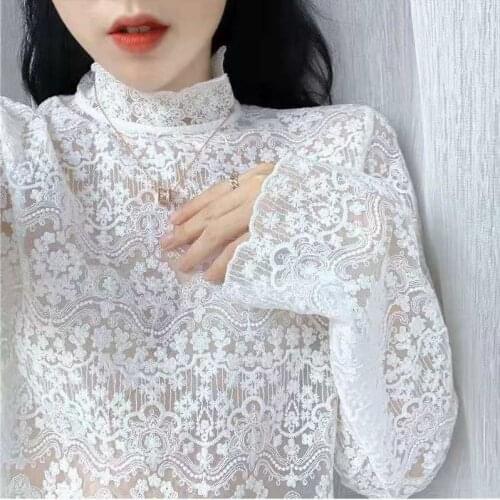 Lace Womens High Collar Loose Embroidered Top Sexy Shirt Womens Blusas Ropa De Mujer