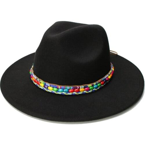 LUCKYLIANJI Retro Kid Child Vintage 100% Wool Wide Brim Cap Fedora Panama Jazz Bowler Hat Bead Braid Band (54cm/Adjusted)