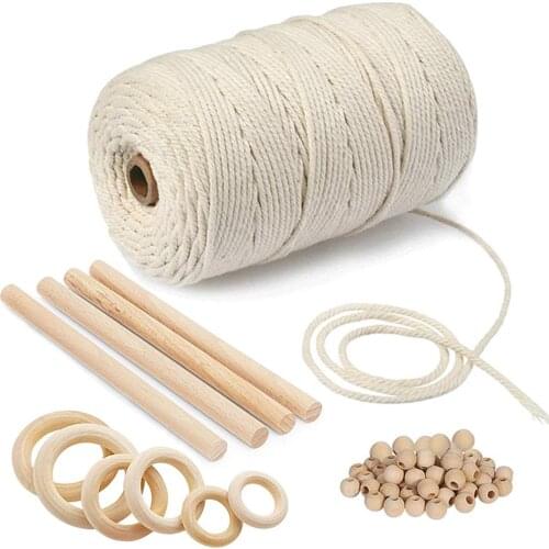 Macrame Tali Kapas Kapas Alami M dengan Kayu Cincin Tongkat Kayu untuk DIY Teether Macrame Kit Dinding Gantung Tanaman Hanger
