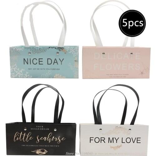 New 5pcs Letters Print Kraft Gift Bags Flower Arrangement Box with Handle Party Favors Supply