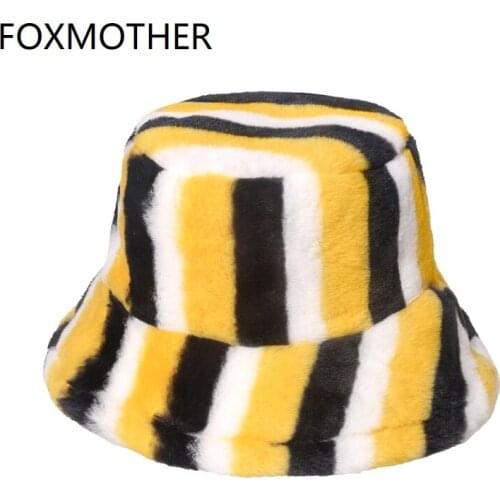 FOXMOTHER Warm Bucket Hats Black Yellow Striped Gorros Panama Faux Fur Fluffy Fisherman Caps Women Winter