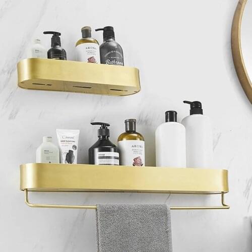 Bathroom Shelf Bath Shower Shelf Aluminum Brushed Gold Bathroom Corner shelf with Bar Wall Mounted Kitchen Storage holder