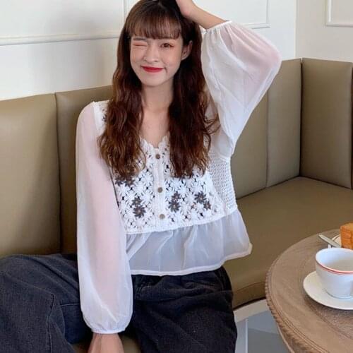 V-neck Hollow Crochet Long Sleeve Blouse Women See-through Chiffon Shirt Elegant Ladies Slim Tops