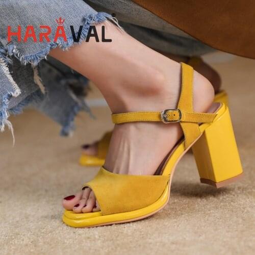 Women Sandals Shoes High Heels Kid Suede Ankle Strap Genuine Leather Casual Shoes Female High Quality Summer Buckle Strap B98
