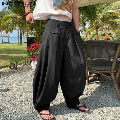Stylish INCERUN 2021 New Mens Casual Trousers Korean Style Fashionable Male Loose-Fitting Wide-footed Bloomers Drape Pants S-5XL