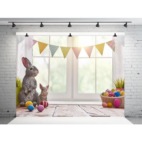 VinylBDS 5x7ft Easter Backdrop Backgroud Window Curtain Photography Background Rabbit Egg Wooden Background Photography Children