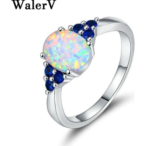 WalerV Ring Fashion Charm for Womens Lady Rings Opal Oval Shape Three Blue Crystal Jewelry Ring Engagement Finger