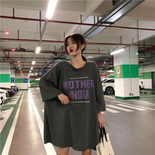 2021 New Extra Large Letter Print Short Sleeve T-shirt Womens Loose BF Wind Half Sleeve Mid-length Top