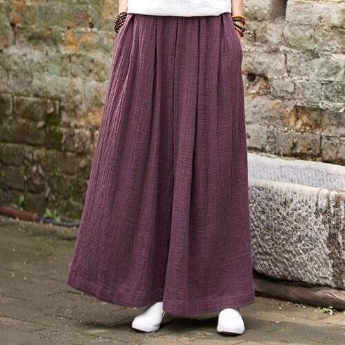 Johnature Women Wide Leg Pants Elastic Waist Women Trouser 2021 Summer New Casual Cotton Linen Soft Loose Pants