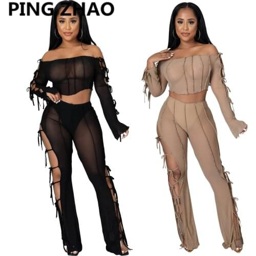 PING ZHAO Women Set Mesh See Though Slash Neck Long Sleeve Tops and Pants Two Piece Set Sexy Club Night Outfit