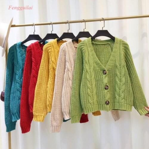 Sweater Cardigan Jacket Womens Loose Coarse Wool Twist Button Over Knitted Sweater Womens Short Long Sleeve Autumn and Winter