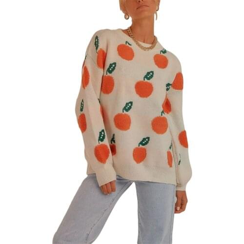Women Loose Knit Sweater Chic 2021 Autumn WInter Warm Casual Orange Pattern Long Sleeve Round Neck Pullover Sweaters