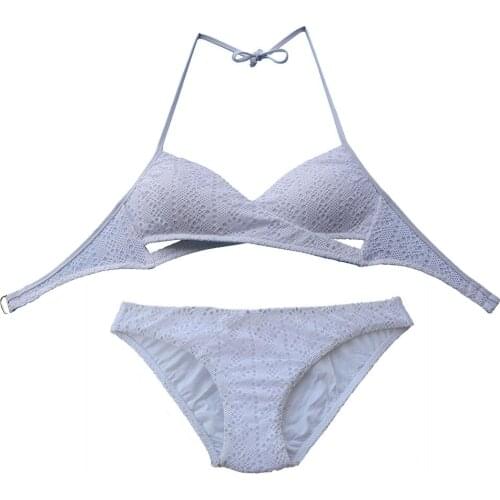Women Triangle White Swimsuit Swimwear Bikinis Set Lace Sexy girl Sathing Suit Low Waist White Bronzing Wave Point bikini