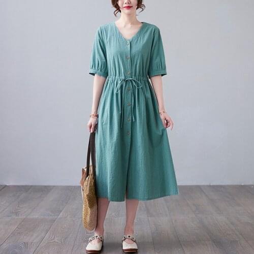 Women Cotton Linen Casual Dress New Arrival 2021 Summer Simple Style Vintage V-neck Solid Color Ladies A-line Long Dresses B120