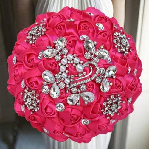 1PCs /lot Fushia Silver Crystal Marriage Ribbon Wedding Bouquet For Wedding Decoration
