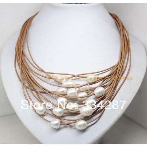 15rows natural white drop pearl brown leather pendant necklace 17.5" fashion