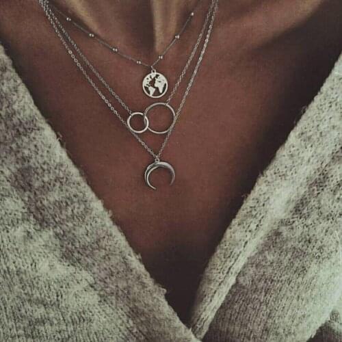 2020 Vintage Map Moon Necklace For Women Fashion Gold Silver Color Necklace Multiple Layers Pendant Long Necklaces Boho Jewelry