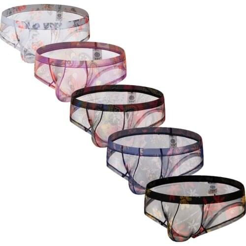 4PCS/Sets Sexy Lingerie Gay Boxer Short Erotic Flower Mesh Transparent Bugle Pouch Sissy Underwear Slip Panties Mini Boxershorts