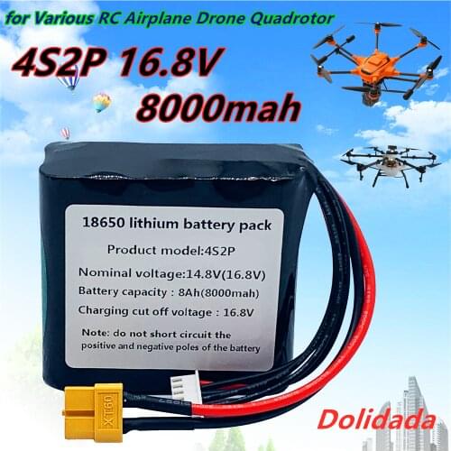 4S2P 14.8V 8000mAh 16.8V18650 Battery Pack High Capacity UAV Rechargeable for Various RC Airplane Drone Quadrotor 5P XT60