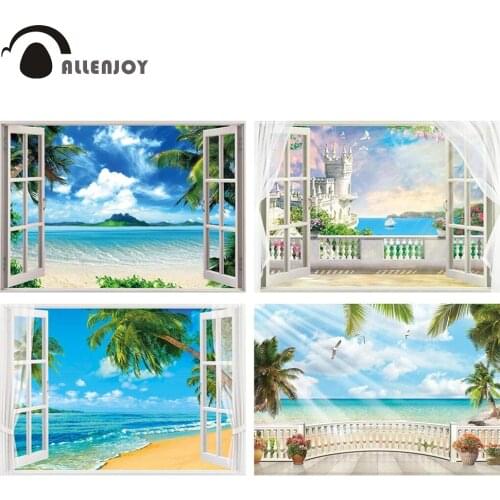 Allenjoy Summer Beach Backdrop Tropical Sea Window Hawaii Seaside Tree Island Natural Photocall Background Party Banner Decor