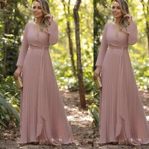 Affordable Deep V Neck Long Sleeves Pleated Skirt Blush Long Chiffon Wedding Guest Dress Mother of The Bride Dress