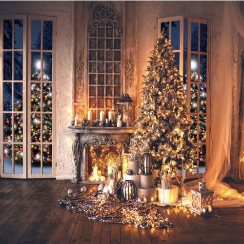 Old Room Glitter Golden Christmas Trees Candles Fireplace XMAS Party Family Photography Backdrop Photo Background Photocall