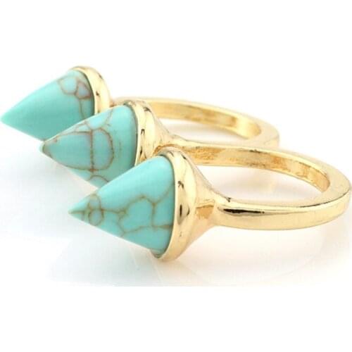 FYSL Light Yellow Gold Color Pyramid Green Turquoises Stone Open Finger Ring Punk Style Jewelry