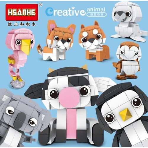 Cartoon Anime Animals Series Cat Dog Bird Penguin Koala Cow Flamingo Sea Lion Owl Building Blocks Model Sets Bricks Movie Toys