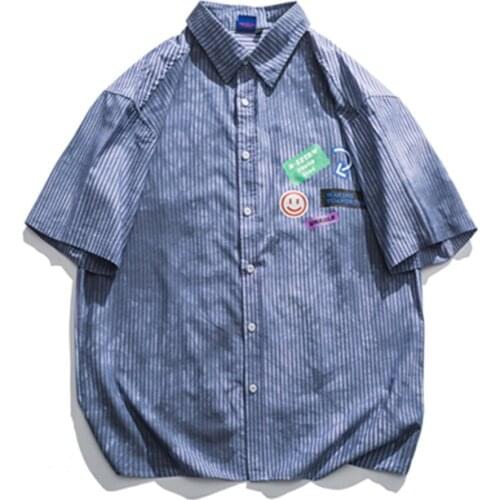 Summer Short-Sleeve Shirts Men Blouses Women Striped T Shirt Japanese Retro Label Short-Sleeve Loose Casual Couple Shirt Teens