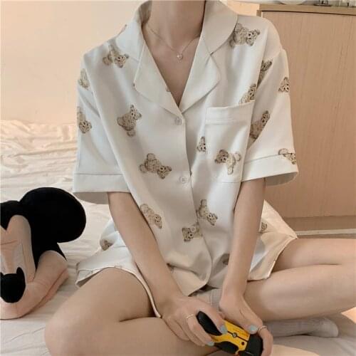 Cartoon Print Summer Pajamas Set Women Single Breasted Shirts + Shorts Sets Two Piece Home Suit Kawaii Bear Cotton Homewear