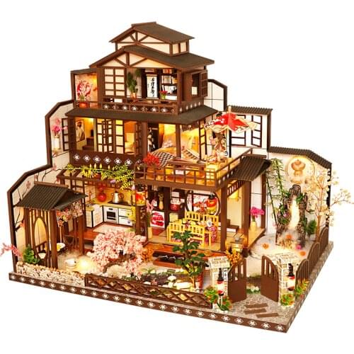 Vintage Japanese Courtyard Dollhouse Kit Miniature Building Model LED Light Big Doll House Furniture Toys Adult Kids Xmas Gifts