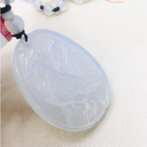 Natural Brazilian Ice Jade Jade Carved White Chicken Pendant with Chalcedony Bead Necklace Female Sweater Chain