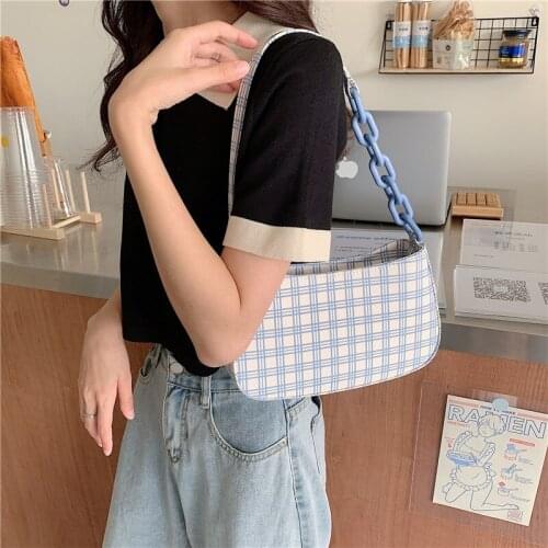 New Tide Foreign Style Medieval Plaid Net Red Baguett Female Shoulder Underarm Bag