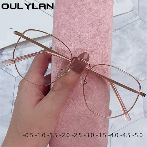 Oulylan Anti Blue Light Finished Myopia Glasses Women Men Metal Frame Vintage Short Sighted Eyewear Students Diopter-1 1.5 to -5