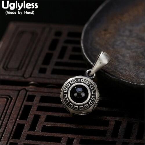Uglyless Real 925 Sterling Silver Handmade Buddhism Mantra Ball Pendants Necklaces NO Chain Retro Thai Silver Pendant Chalcedony