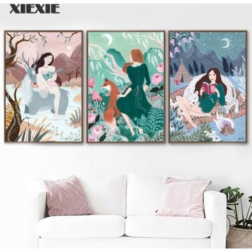 Girl Fox Deer Mountain Forest Abstract Posters Hd Prints Canvas Painting Nordic Wall Art Pictures for Living Room Home Decor