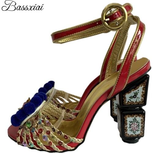 Diamond Pompoms Flower Ankle Strappy Sandals Women Print High Heel Open Toe Straw Plaited Sequins Banquet Shoes Woman Summer