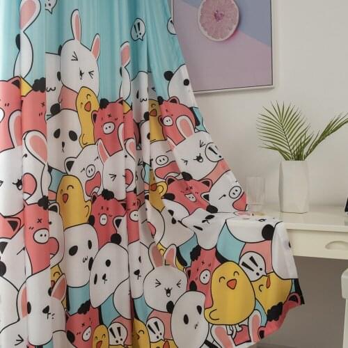 Cartoon Rabbit Curtains for Kids Bedroom Blue Brushed Fabric Lovely Animals Print One Piece Kitchen Living Room Window Panels